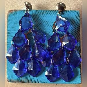Vintage 3.5” ROYAL BLUE CHANDELIER STATEMENT EARRINGS Glam